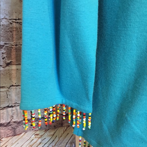 Aqua/blue top with beaded fringe - Picture 2 of 7
